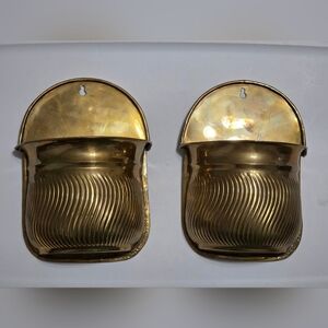Rare Vintage Scalloped Brass Wall Pocket Planters - Matching Set MCM